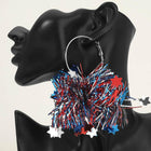 American USA Festive Tinsel Statement Hoop Earrings - Fringe Hoops - Red White Blue Party Earrings