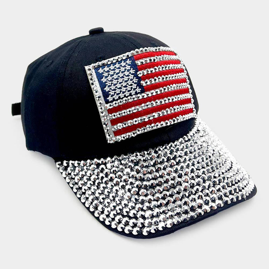 American USA Flag Studded Bling Baseball Cap - Rhinestone Patriotic Hat - Glam Trucker Hat