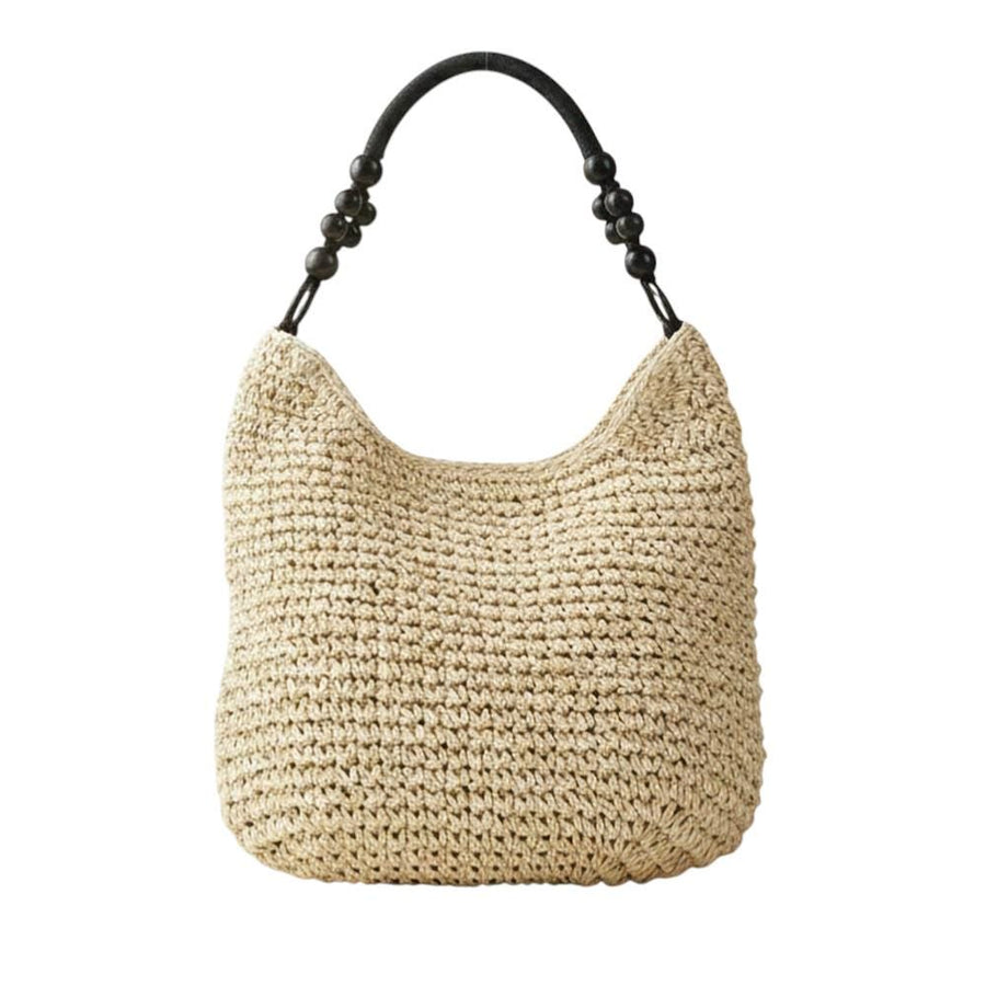 Bamboo Handle Paper Shoulder Tote Bag - Eco-Friendly Natural Boho Tote - Summer Beach Top-Handle Bags