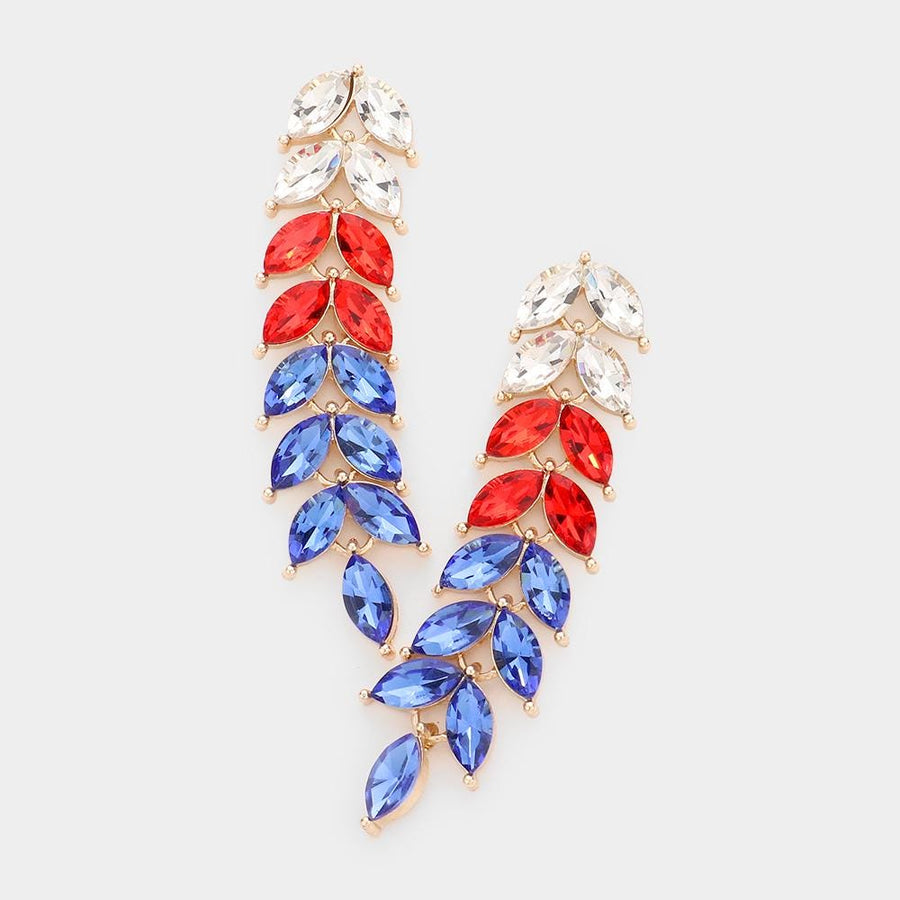 USA Flag Marquise Stone Cluster Vine Link Drop Earrings - Patriotic Evening Dangle Earrings