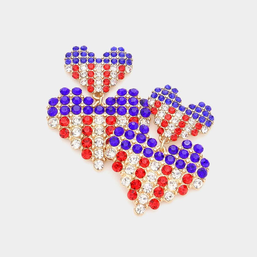 American USA Flag Rhinestone Paved Heart Dangle Earrings, Patriotic Crystal Heart Drop Earring