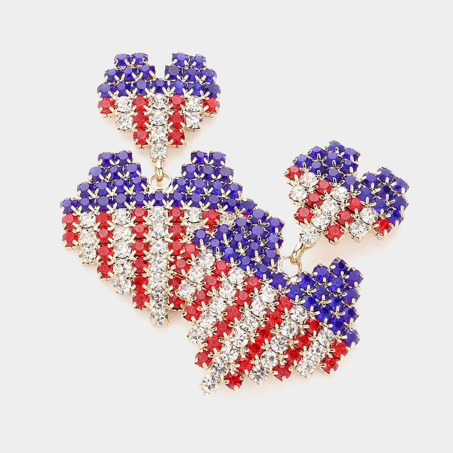 American USA Flag Rhinestone Paved Heart Dangle Earrings, Patriotic Crystal Heart Drop Earring