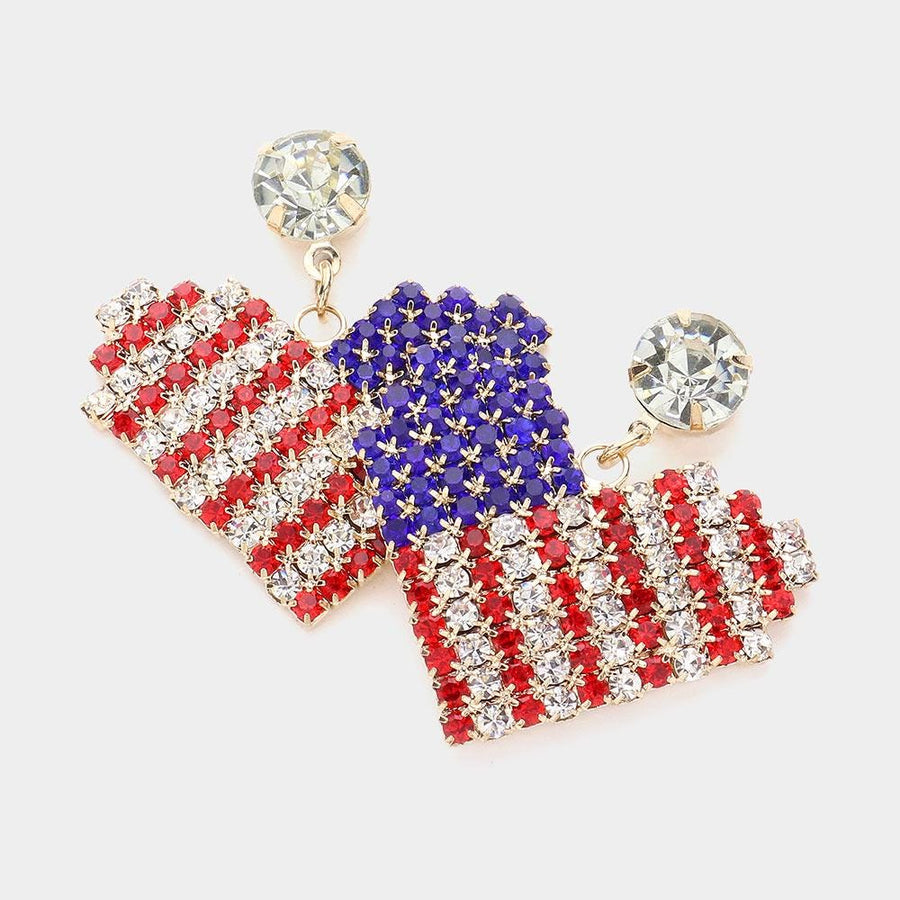 American USA Flag Rhinestone Paved Heart Dangle Earrings, Patriotic Crystal Heart Drop Earring