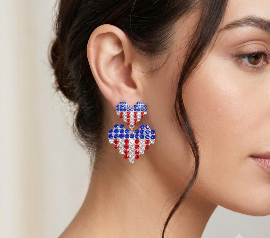American USA Flag Rhinestone Paved Heart Dangle Earrings, Patriotic Crystal Heart Drop Earring