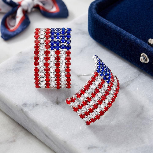 Crystal Pave American Flag Earrings, Patriotic Rhinestone USA Flag Studs, Red White Blue Earring