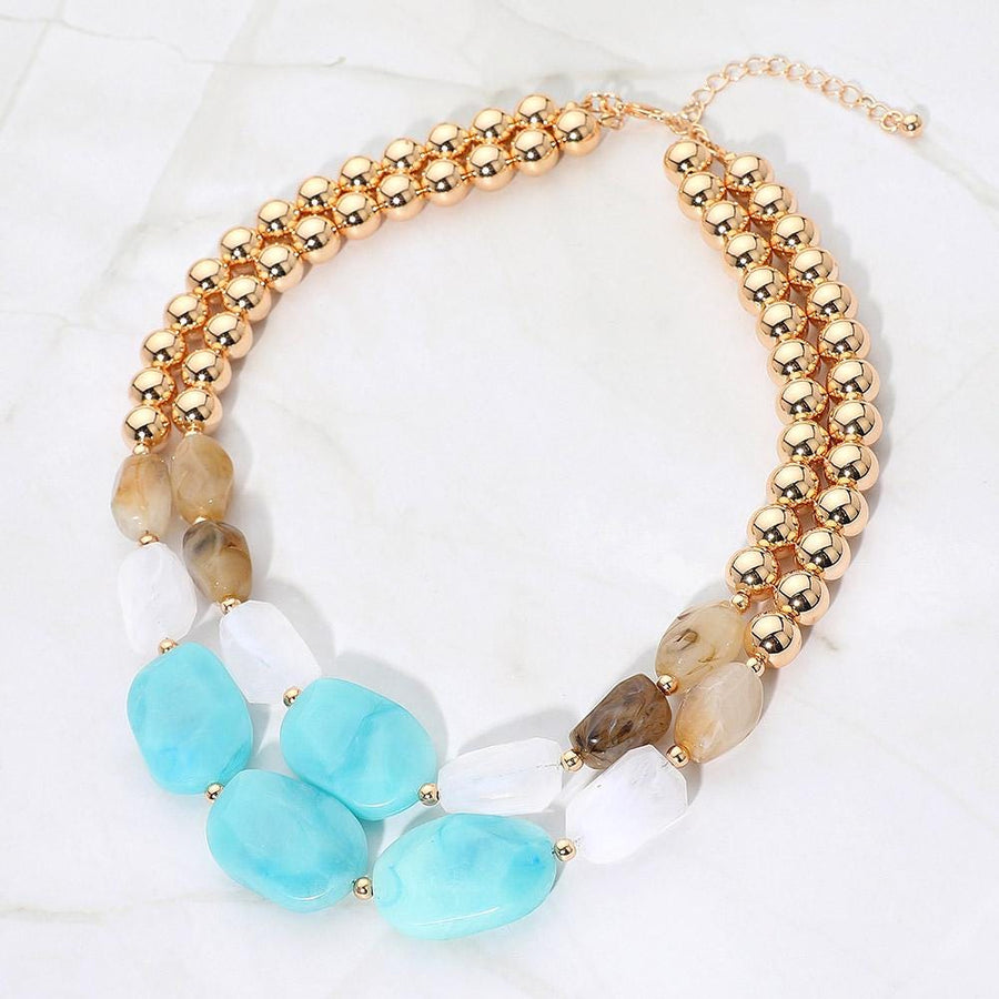 Multi Color Resin Pebble Beaded Layered Statement Necklace, Chunky Colorful Boho Bead Necklace