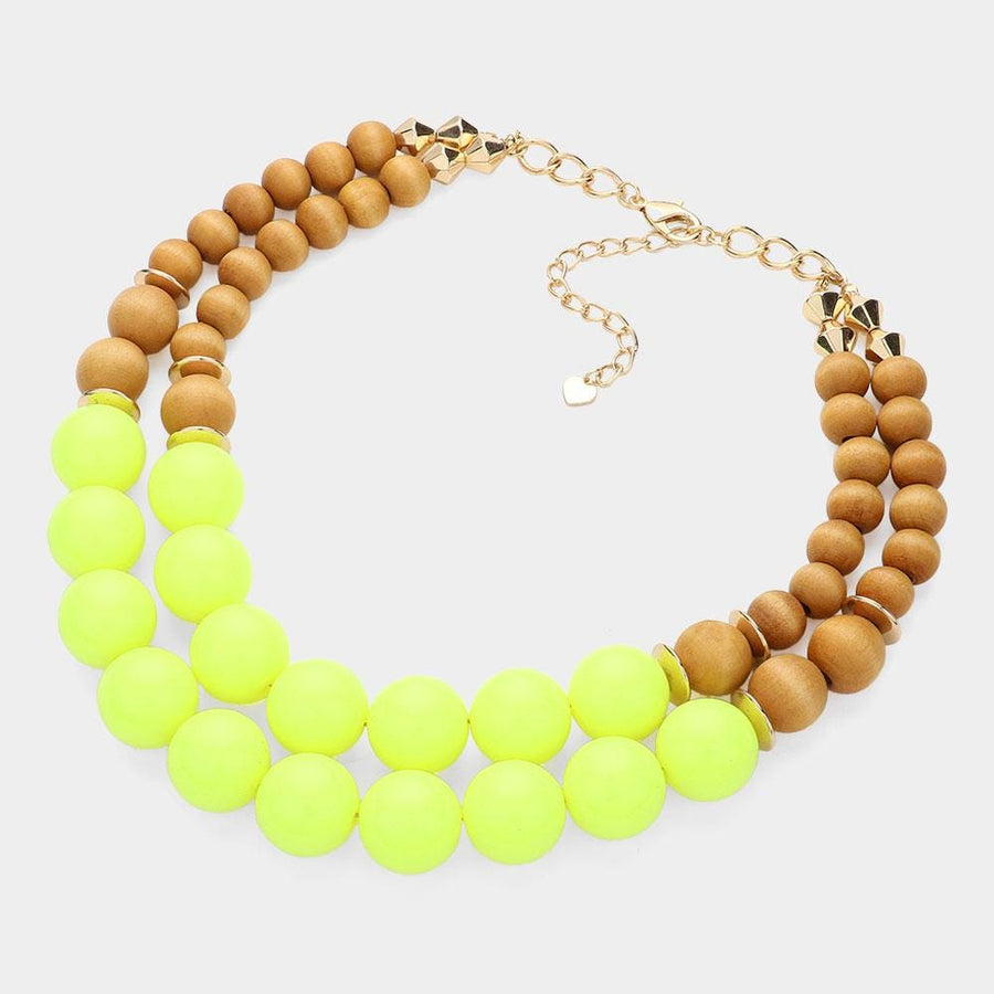 Wood Ball Double Strand Statement Necklace - Chunky Boho Bead Necklaces - Earthy Bold Necklace Gift