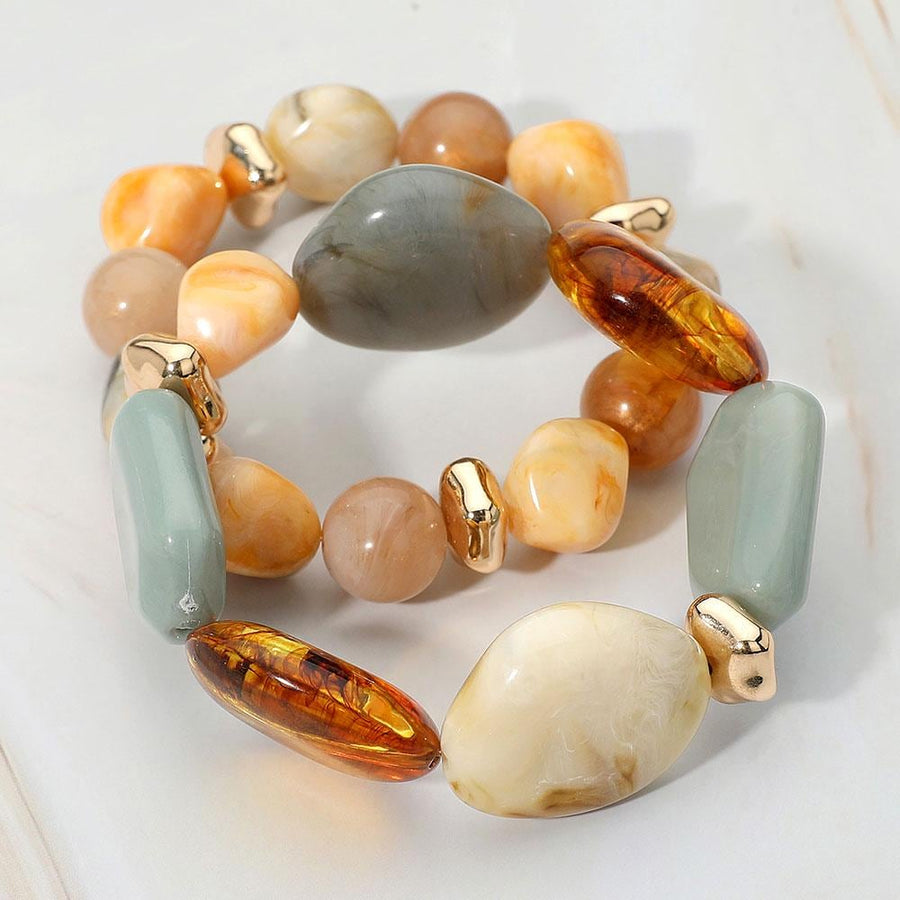 2PC Chunky Marble Pebble Beaded Stretch Layered Bracelet Set - Stackable Stone Bangle - Marble Bracelets