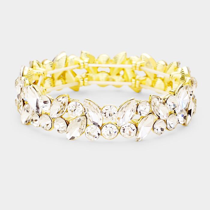 Glass Crystal Marquise Stone Cluster Stretch Bracelet - Sparkle Rhinestone Bracelet - Bridal Stackable Bracelets