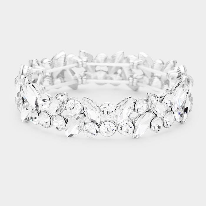 Glass Crystal Marquise Stone Cluster Stretch Bracelet - Sparkle Rhinestone Bracelet - Bridal Stackable Bracelets