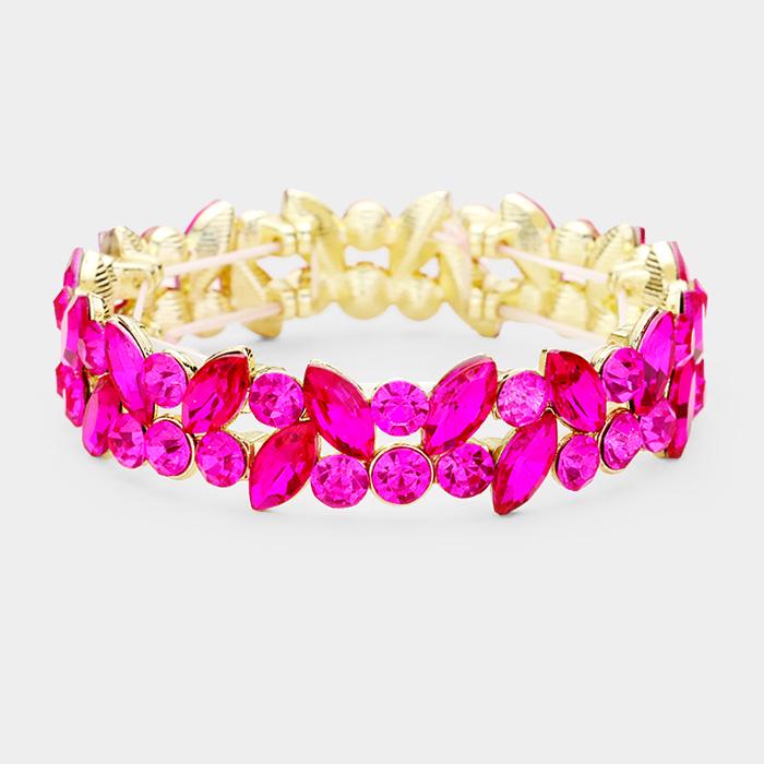 Glass Crystal Marquise Stone Cluster Stretch Bracelet - Sparkle Rhinestone Bracelet - Bridal Stackable Bracelets