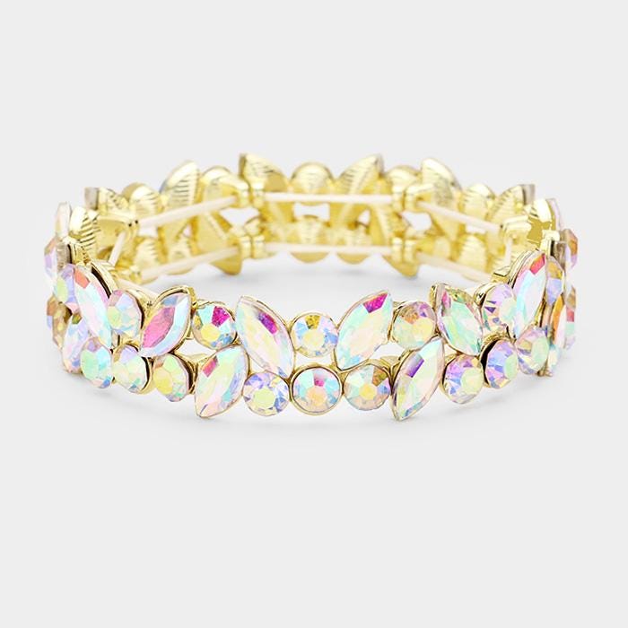 Glass Crystal Marquise Stone Cluster Stretch Bracelet - Sparkle Rhinestone Bracelet - Bridal Stackable Bracelets