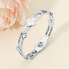 Stainless Steel Mother of Pearl Quatrefoil CZ Stone Hinged Bangle Bracelet | Elegant Clover Bracelet