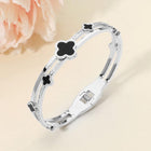 Stainless Steel Mother of Pearl Quatrefoil CZ Stone Hinged Bangle Bracelet | Elegant Clover Bracelet