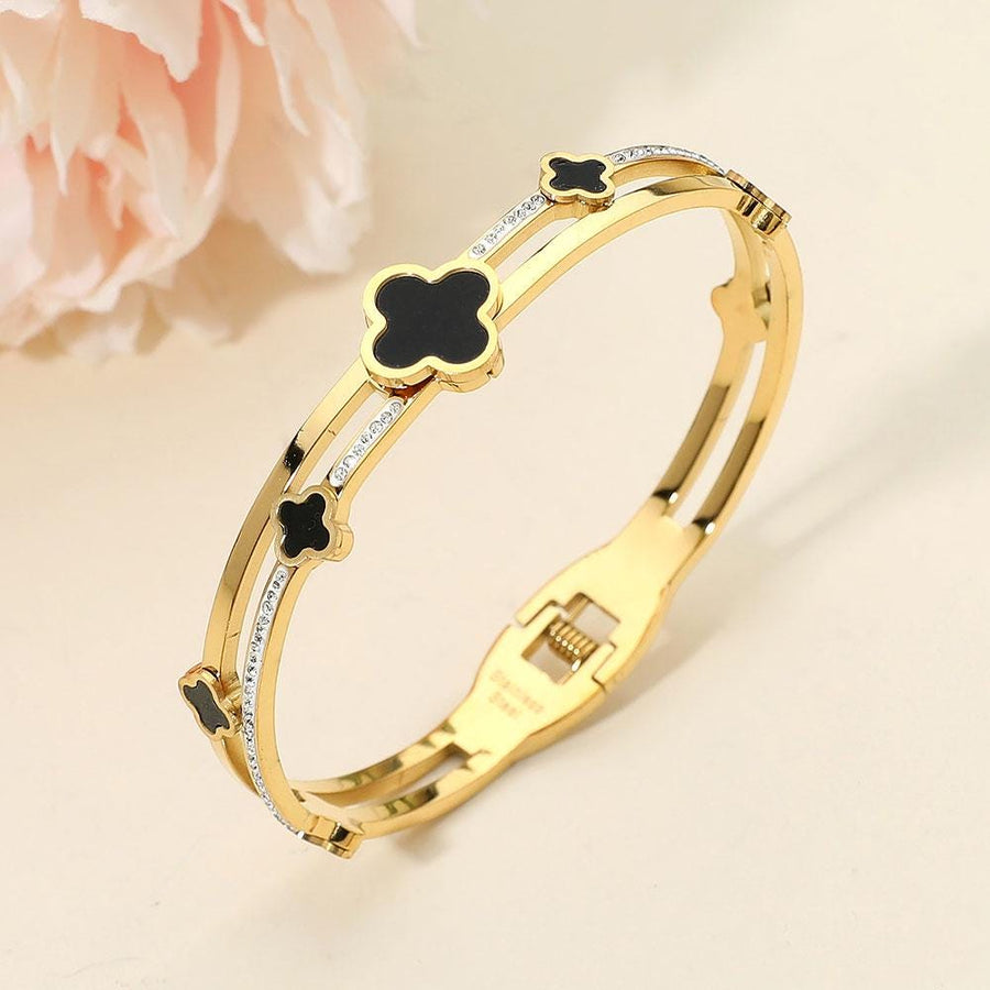 Stainless Steel Mother of Pearl Quatrefoil CZ Stone Hinged Bangle Bracelet | Elegant Clover Bracelet