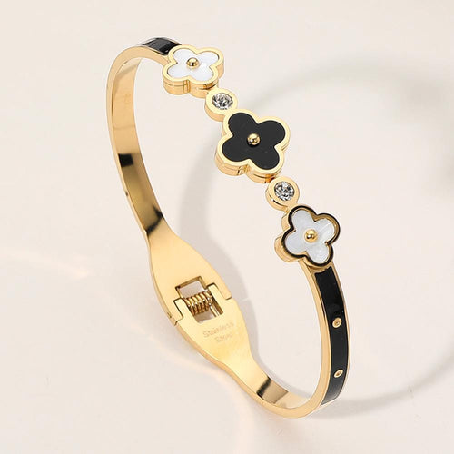 Stainless Steel Triple Quatrefoil Pointed Hinged Bangle - Tarnish Free Preppy Clover Bracelet - Geometric Cuff