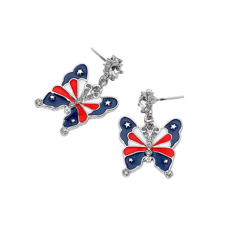 Enamel USA Flag Butterfly Dangle Earrings - Patriotic Butterfly Drop & Dangles - 4th of July Earring