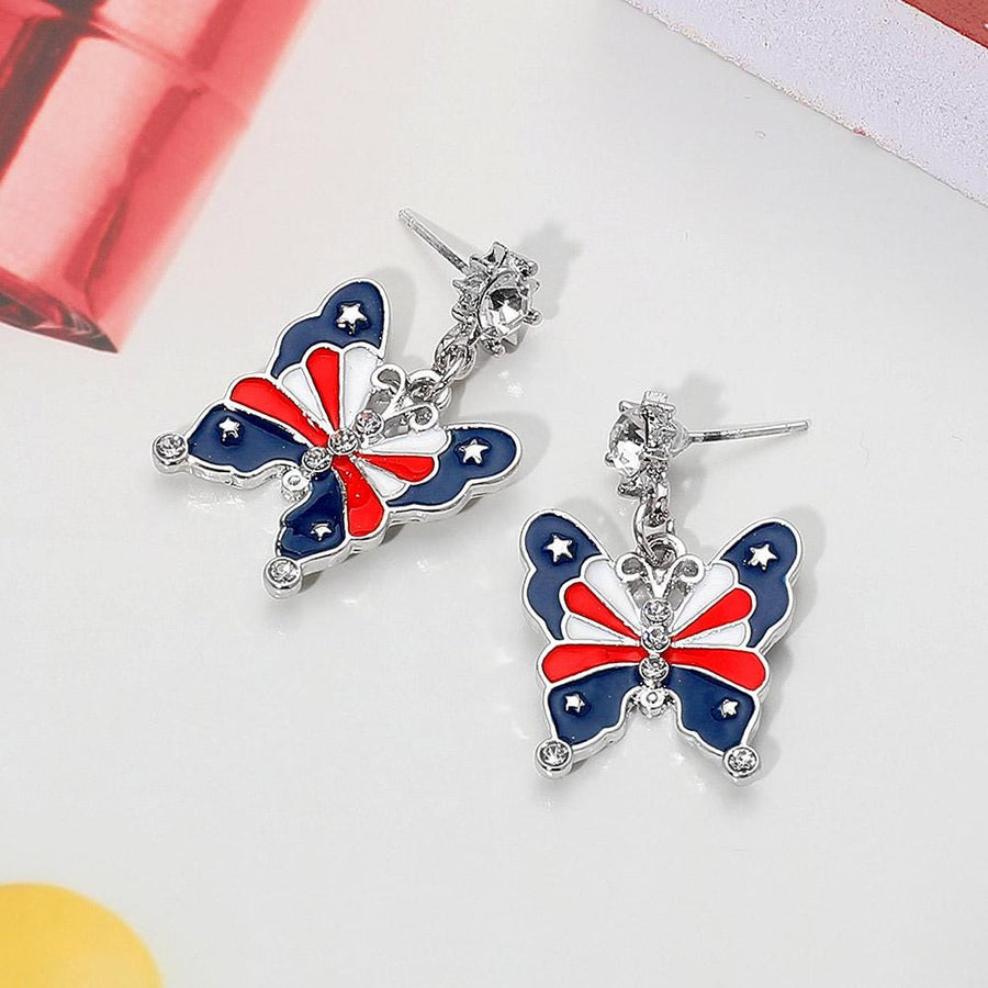 Enamel USA Flag Butterfly Dangle Earrings - Patriotic Butterfly Drop & Dangles - 4th of July Earring