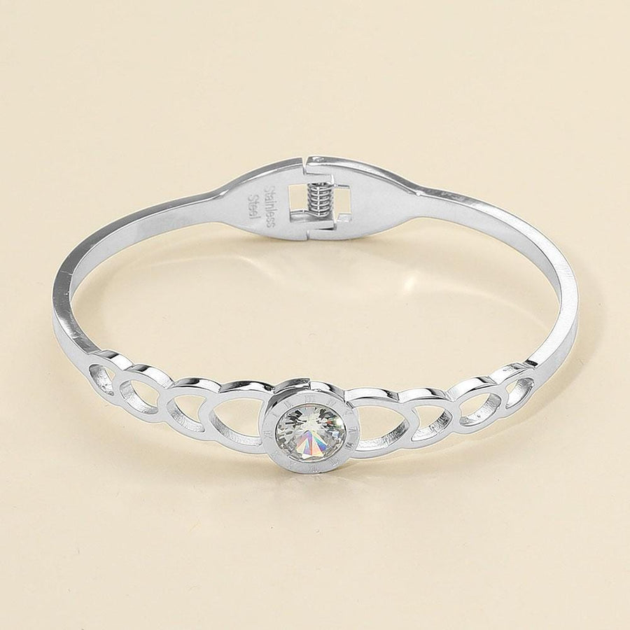 Stainless Steel Roman Numeral Stone Bezel Accent Hinged Bangle Bracelet | Elegant Luxury Bracelet