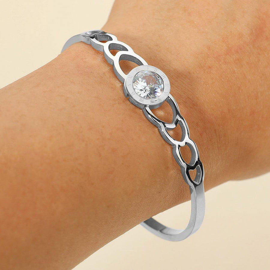 Stainless Steel Roman Numeral Stone Bezel Accent Hinged Bangle Bracelet | Elegant Luxury Bracelet