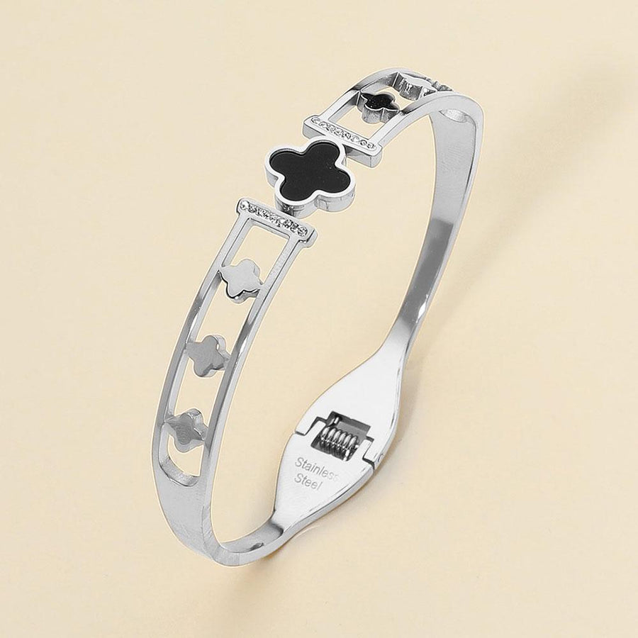 Stainless Steel Quatrefoil Cutout Hinged Bangle Bracelet - Geometric Clover Bracelet - Gothic Boho Jewelry