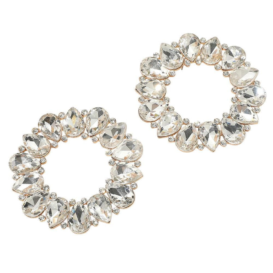 Teardrop Stone Cluster Open Circle Statement Evening Drop Earrings - Bridal Wedding Formal Earrings