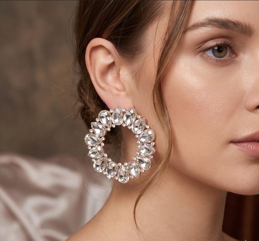 Teardrop Stone Cluster Open Circle Statement Evening Drop Earrings - Bridal Wedding Formal Earrings