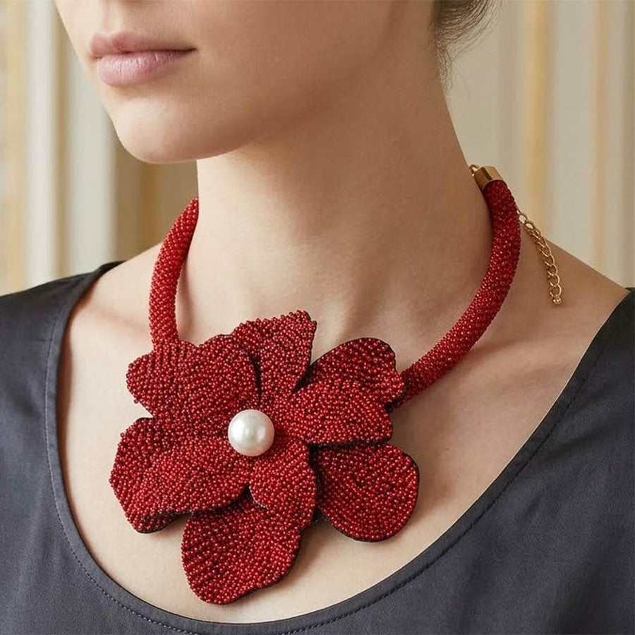 Pearl Center Bling Studded Oversized Flower Necklace - Bold Floral Statement Necklace - Bridal Glam Necklaces