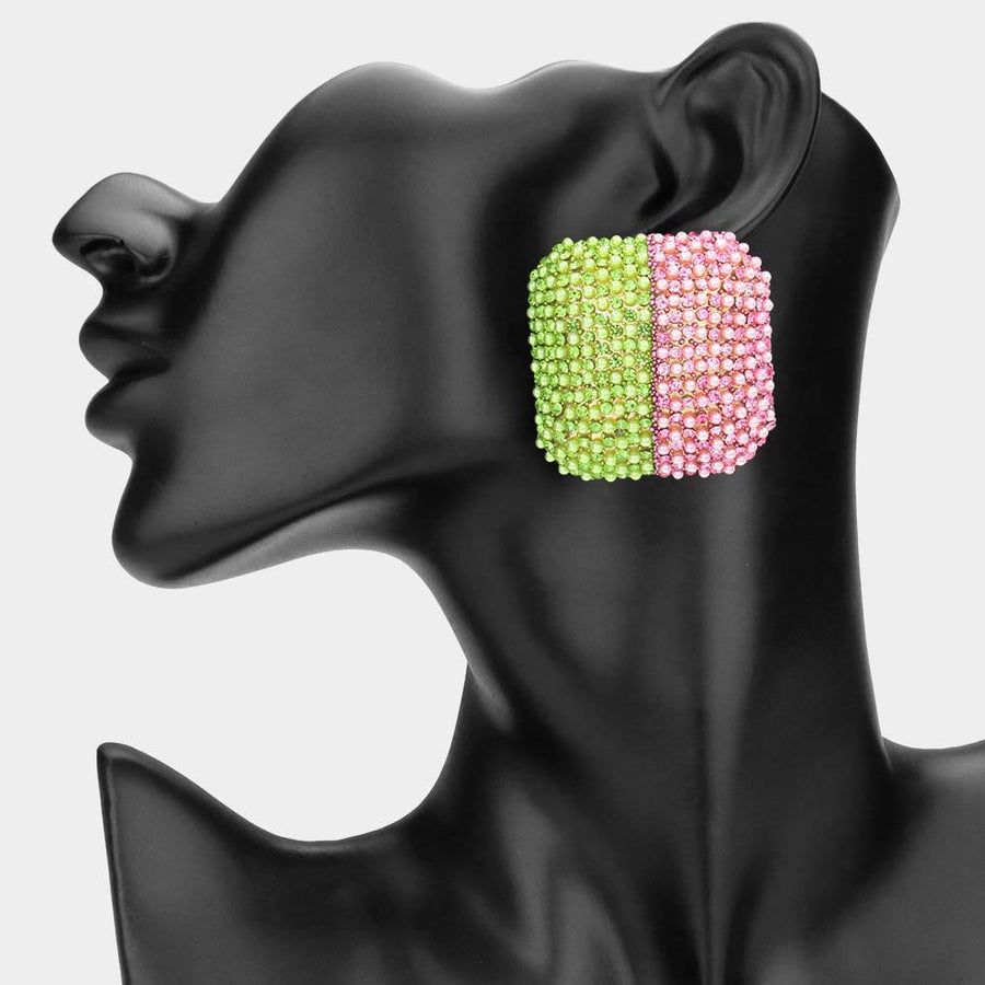 Bold Bling Studded Square Statement Earrings - Chunky Geometric Earrings - Glamour Party Earring - Evening Jewelry