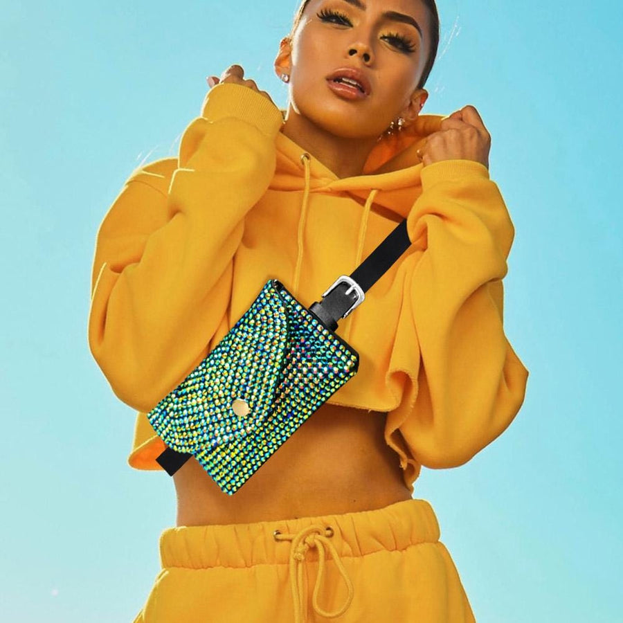 Bling Envelope Belt Crossbody Bag - Sparkle Glam Fanny Pack - Studded Waist Hip Bag