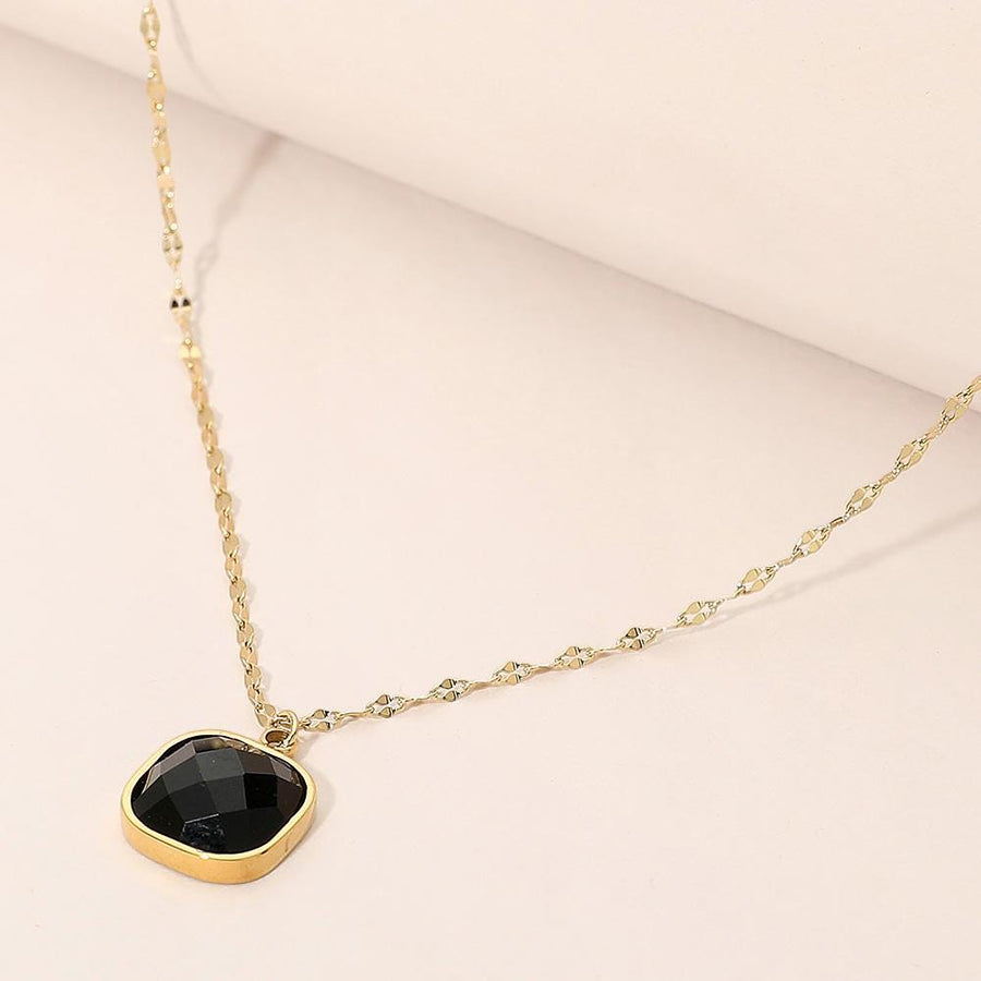 Stainless Steel Square Stone Pendant Necklace - Dainty Minimalist Chain - Elegant Everyday Pendant