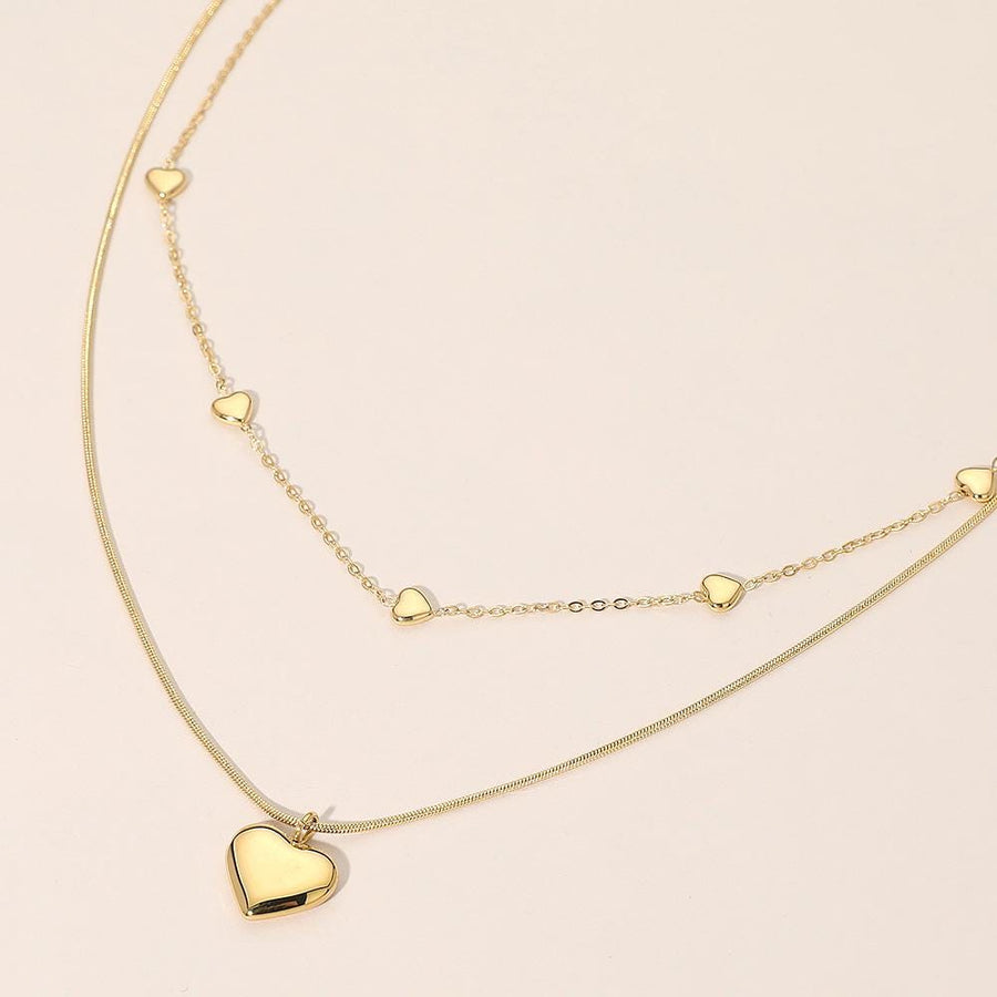 Stainless Steel Heart Charm Station Layered Necklace - Dainty Floating Heart Chain - Multi-Strand Lover Jewelry