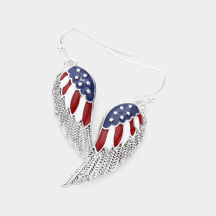 Enamel USA Flag Wing Dangle Earrings - Patriotic Earrings for Women - American Eagle Wings Earring