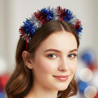 American USA Flag Tinsel Party Headband - Patriotic Sequin Headgear - Red White Blue Headband
