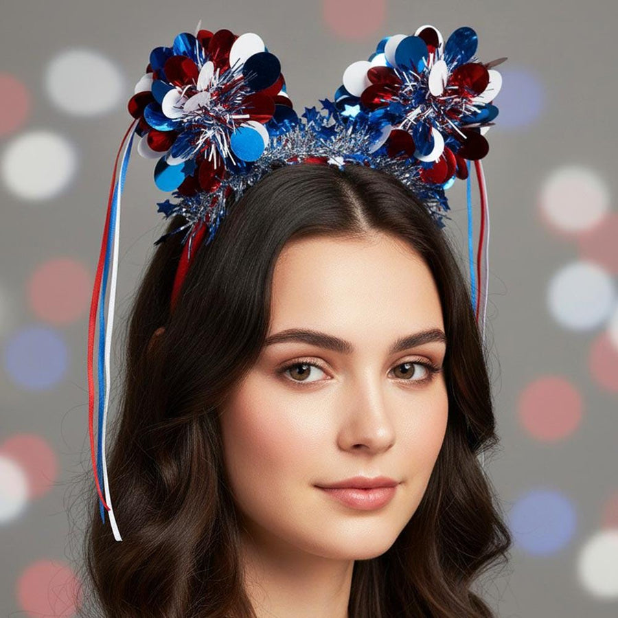 American USA Flag Tinsel Party Headband - Patriotic Sequin Headgear - Red White Blue Headband