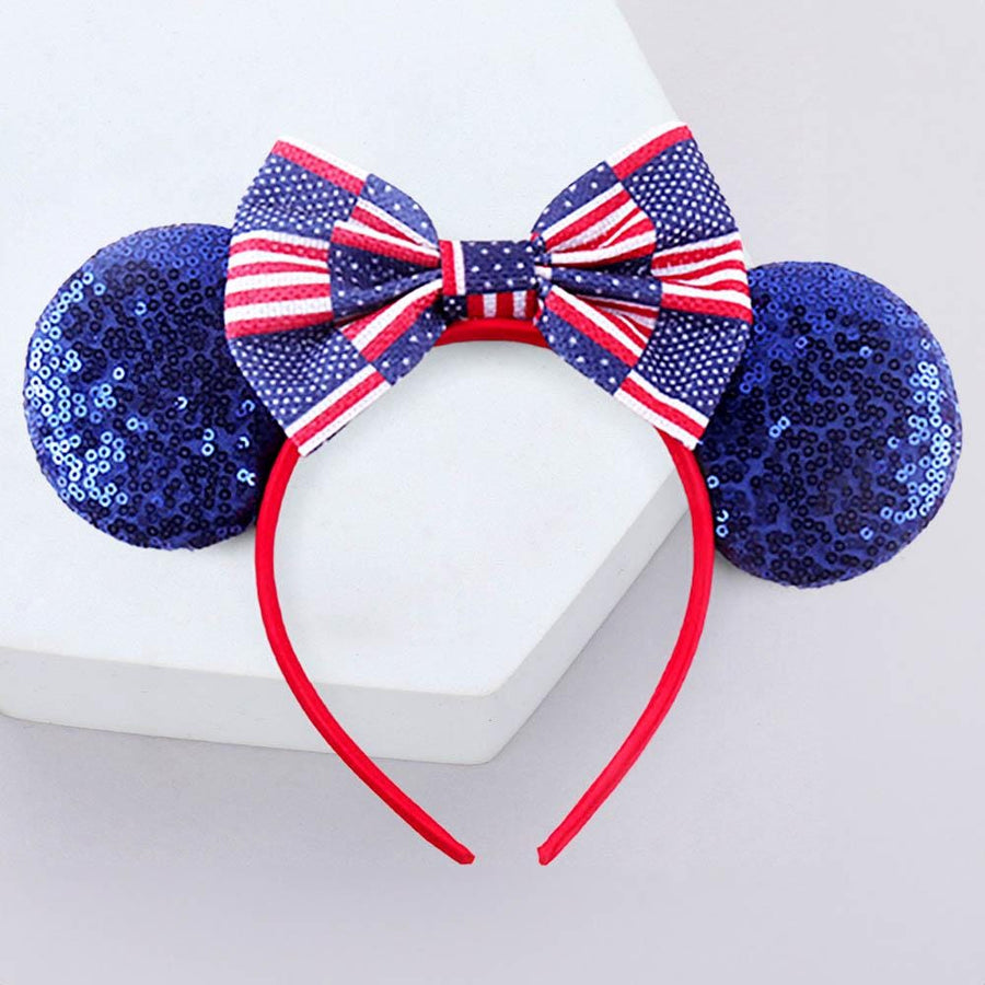 American USA Flag Tinsel Party Headband - Patriotic Sequin Headgear - Red White Blue Headband
