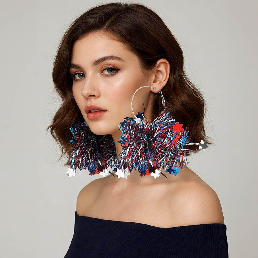 American USA Festive Tinsel Statement Hoop Earrings - Fringe Hoops - Red White Blue Party Earrings
