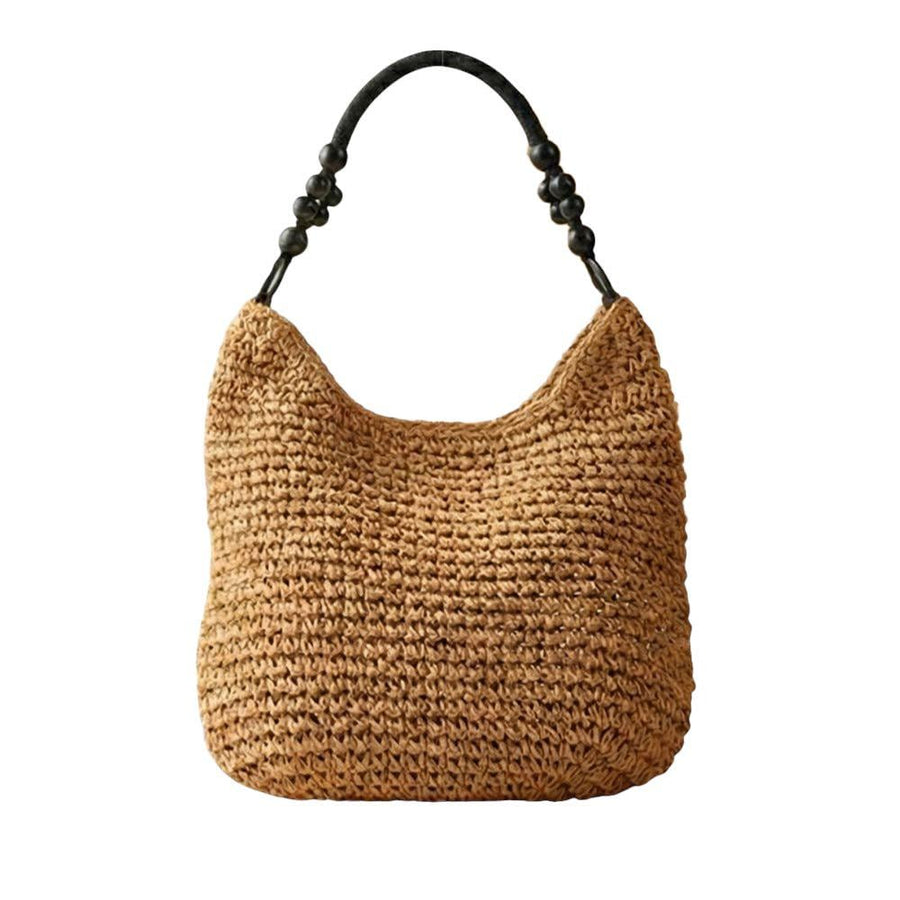 Bamboo Handle Paper Shoulder Tote Bag - Eco-Friendly Natural Boho Tote - Summer Beach Top-Handle Bags