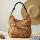 Bamboo Handle Paper Shoulder Tote Bag - Eco-Friendly Natural Boho Tote - Summer Beach Top-Handle Bags