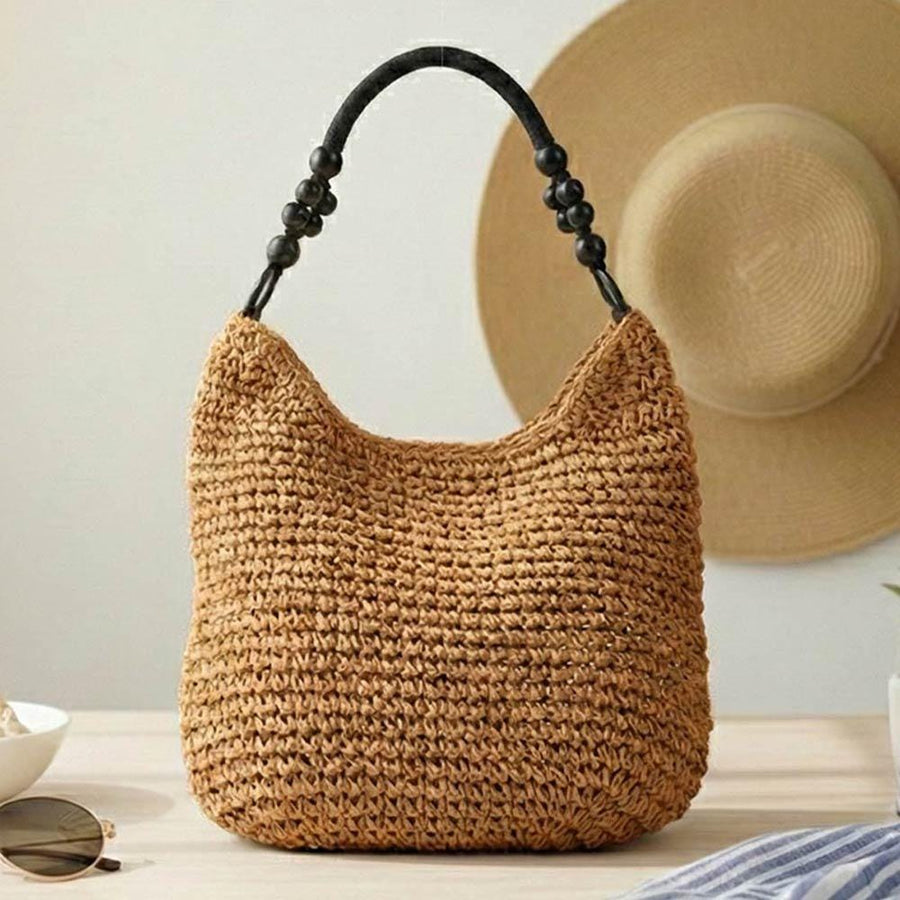 Bamboo Handle Paper Shoulder Tote Bag - Eco-Friendly Natural Boho Tote - Summer Beach Top-Handle Bags
