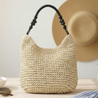 Bamboo Handle Paper Shoulder Tote Bag - Eco-Friendly Natural Boho Tote - Summer Beach Top-Handle Bags