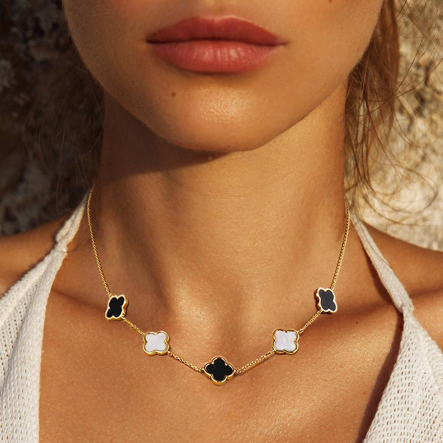 Gold Dipped Mother of Pearl Quatrefoil Station Necklace - Clover Necklace - Dainty Layering Chain