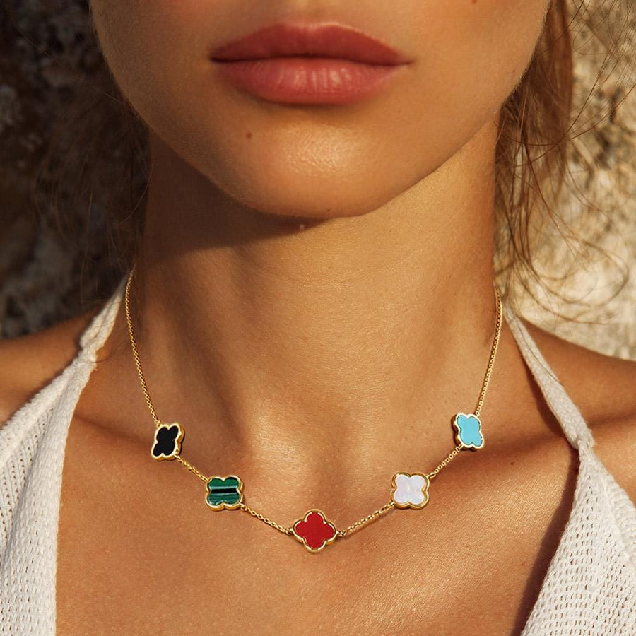 Gold Dipped Mother of Pearl Quatrefoil Station Necklace - Clover Necklace - Dainty Layering Chain