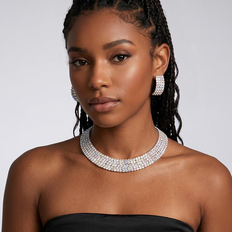 5 Row Crystal Rhinestone Choker Necklace, Statement Cuff Necklace, Sparkly Bridal Wedding Choker, Prom Pageant Jewelry