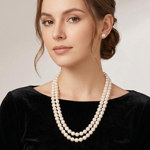 Double Layered Pearl Necklace - Classic Pearl Multi Strand Chain - Elegant Bridal Wedding Jewelry Gift