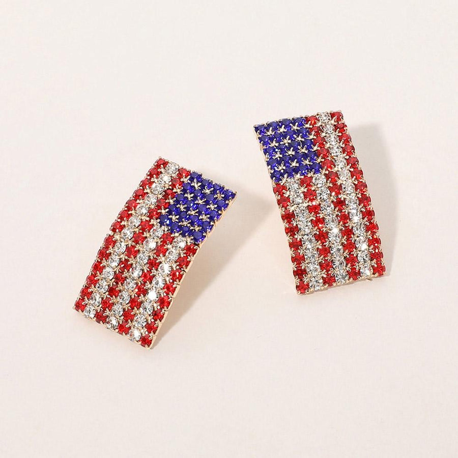 Stone Paved American USA Flag Earrings - Patriotic Crystal Flag Earring - Rhinestone Sparkle Studs
