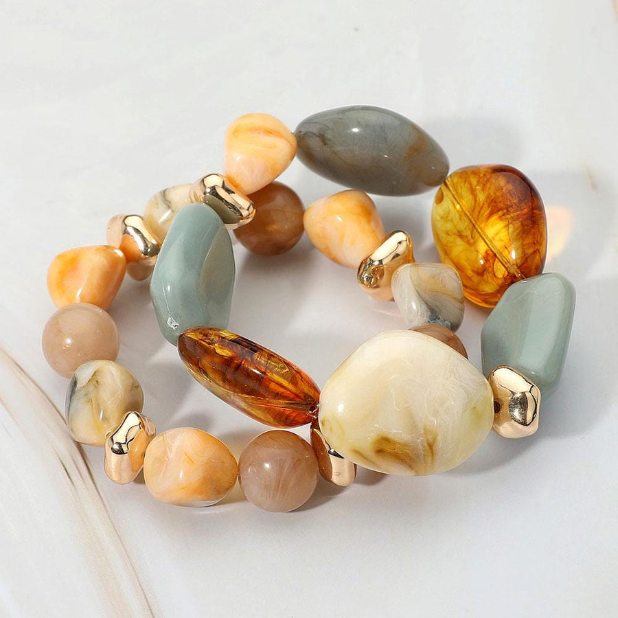 2PC Chunky Marble Pebble Beaded Stretch Layered Bracelet Set - Stackable Stone Bangle - Marble Bracelets