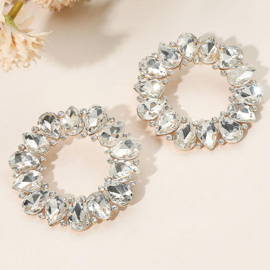 Teardrop Stone Cluster Open Circle Statement Evening Drop Earrings - Bridal Wedding Formal Earrings