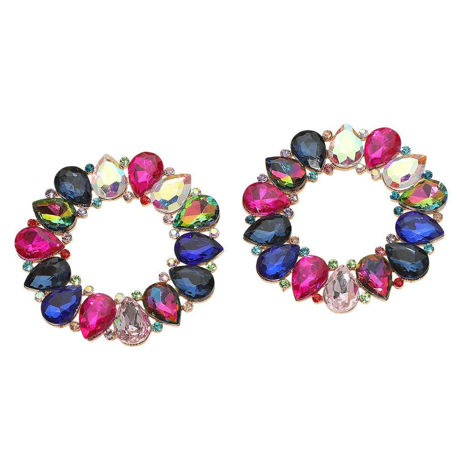 Teardrop Stone Cluster Open Circle Statement Evening Drop Earrings - Bridal Wedding Formal Earrings