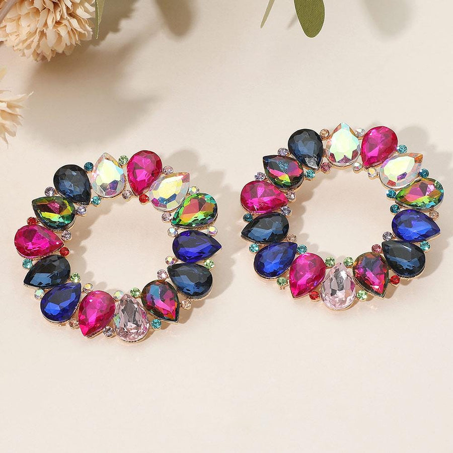 Teardrop Stone Cluster Open Circle Statement Evening Drop Earrings - Bridal Wedding Formal Earrings